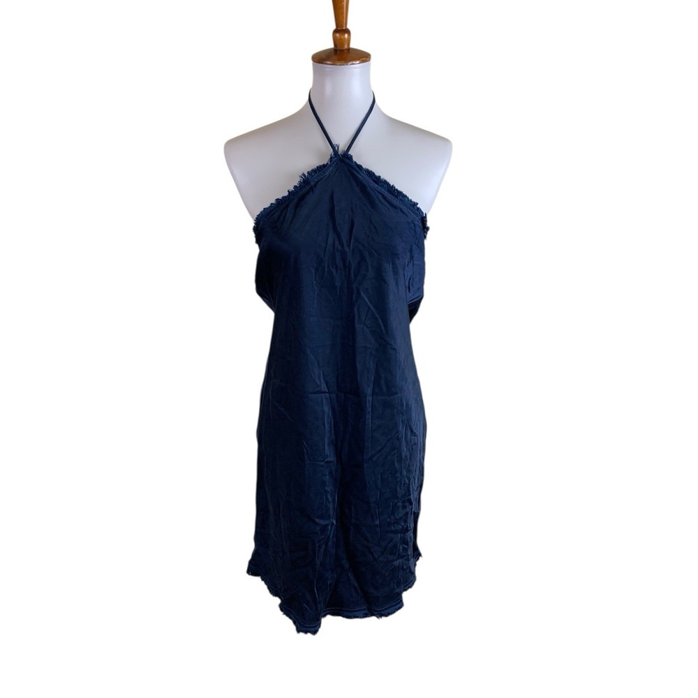 Maven West Navy Halter Dress Frayed Trim Sleeveless Shift Mini Dress Small